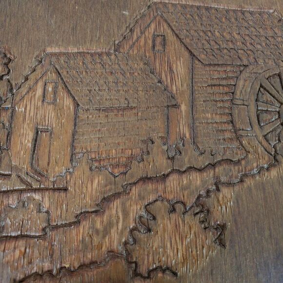 Antique Primitive Thimble Wall Display Wood 16x10x2 Inch Engraved Old Mill Scene - Picture 3 of 8